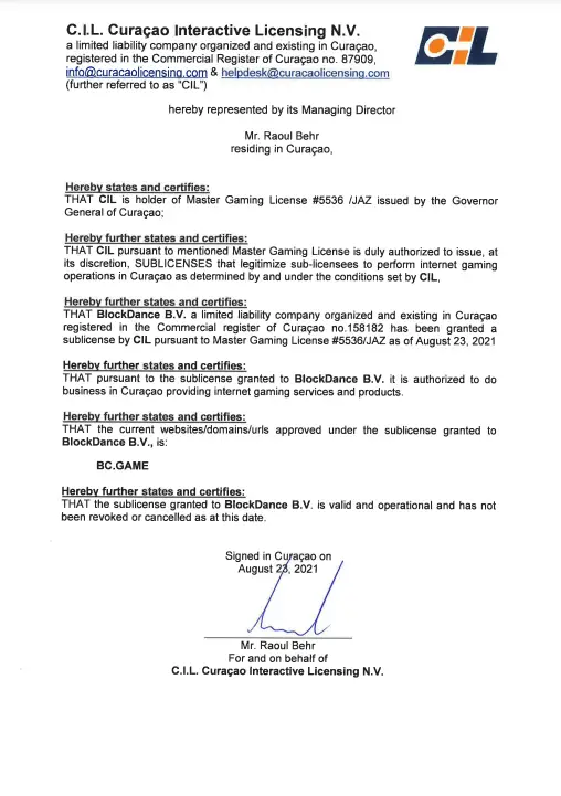 Orirginal BC.Game license